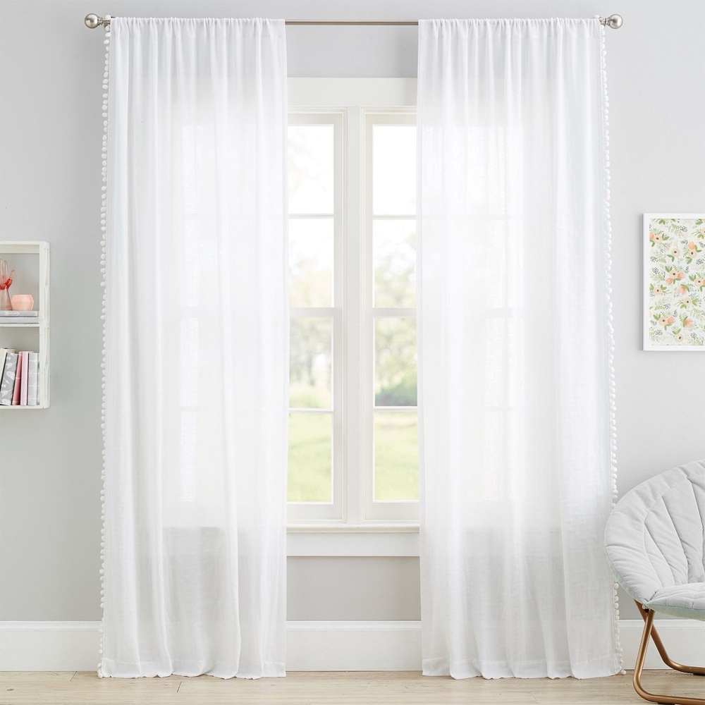 New PB teen Side Pom Sheer Curtains white 108”x44” two panels NIB